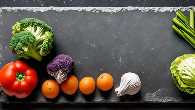 Une ardoise noire avec des légumes dessus