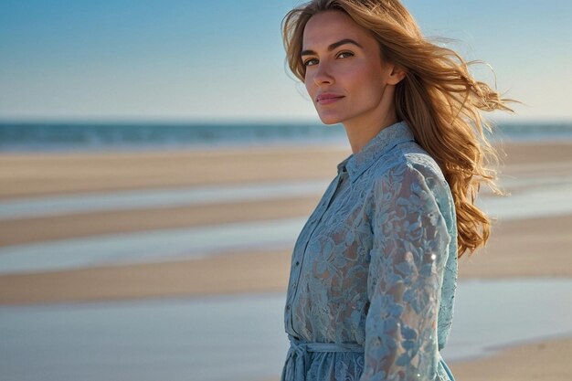 Photo areia e beleza um dia radiante com uma mulher deslumbrante (la femme qui est éblouie)