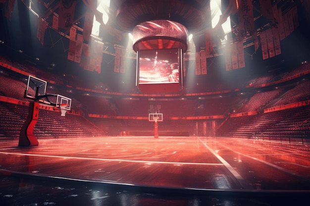 Arène de basket-ball avec lumières au néon rendu 3D d'image tonifiée AI générée