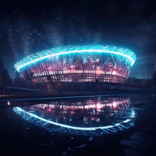 Photo arène de football de nuit éclairée par l'ia générative