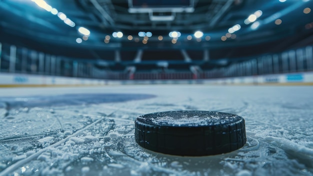 Arène de hockey générative avec puck en gros plan stade de patinoire sportive