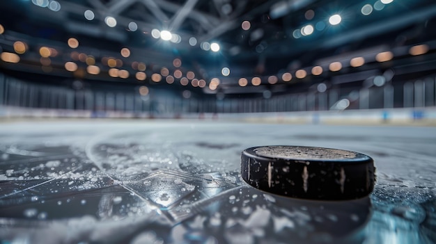 Arène de hockey générative avec puck en gros plan stade de patinoire sportive