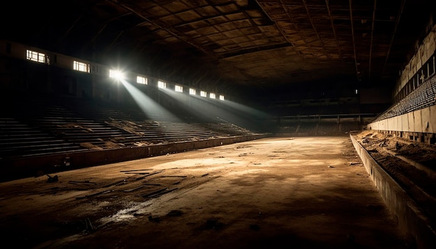 Arène de sport abandonnée vide éclairée par des projecteurs