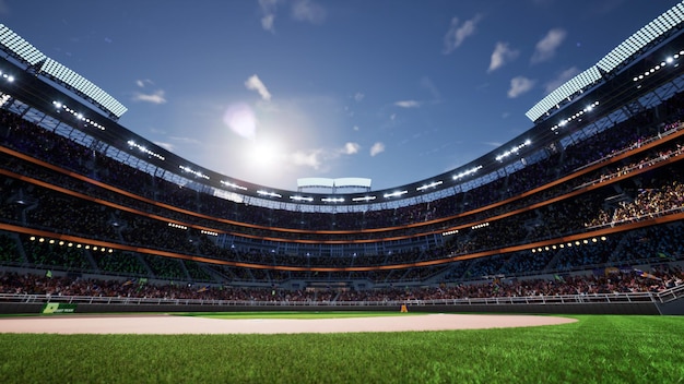 Arène de stade de baseball vide avec foule de fans dans les lumières du jour ensoleillé