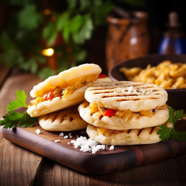 Arepa frais et savoureux sur fond de bois