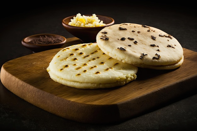 Arepas grillés sur planche de bois ai générative