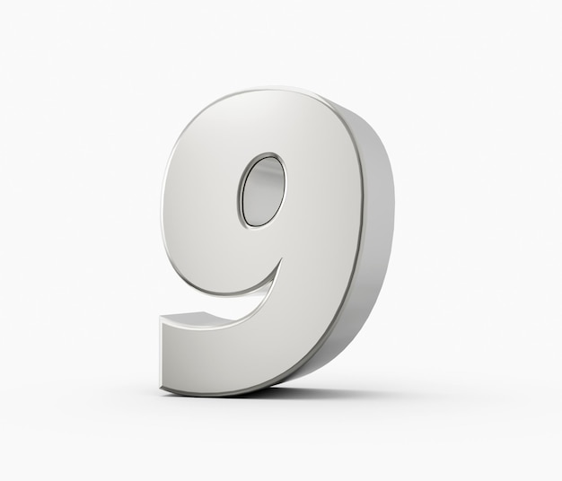 Argent 3d numéros 9 neuf isolé fond blanc illustration 3d