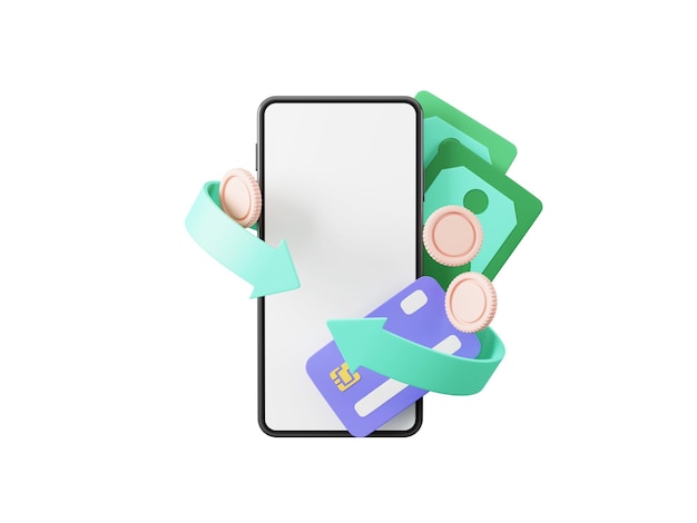 Argent de smartphone et carte de crédit avec argent pièce de monnaie remboursement d'argent icône concept d'économie d'argent 3D