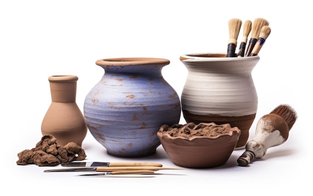 argile de poterie et outils vue sur fond blanc