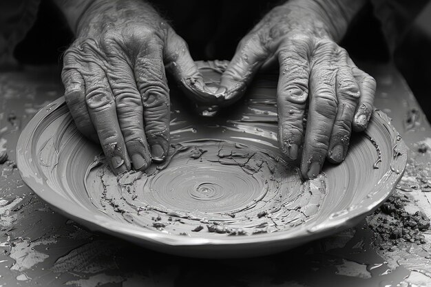 l'argile sur la table des potiers avec les mains formant le pot d'argile photographie professionnelle