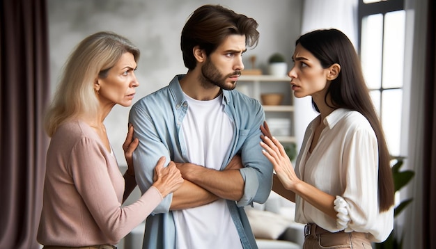 Photo argument familial discussion intense trois adultes à la maison à l'intérieur