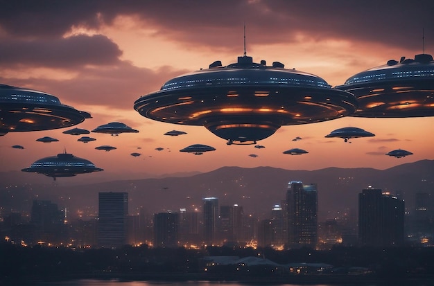 Armada d'OVNIS au-dessus du centre-ville vaisseaux spatiaux extraterrestres géants au-dessus de la ville invasion d'ovnis au-dessus la ville de la pl