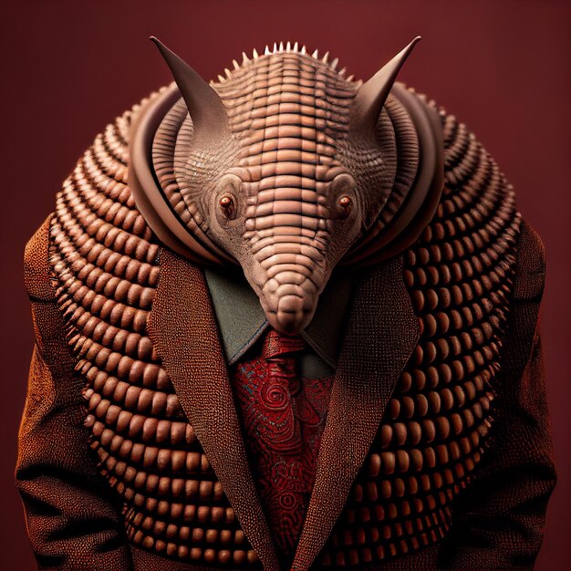 Armadillo en costume formel et en chemise de soirée en tenue de bureau rouge