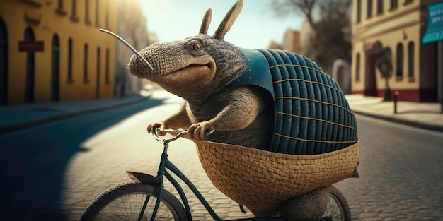 Armadillo s'amuse à faire du vélo le jour du soleil en été dans la rue de la ville