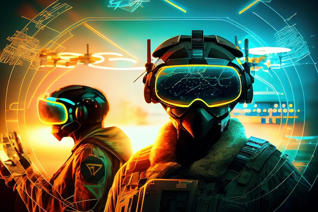 Une armée futuriste et un soldat dans des lunettes de réalité virtuelle fabriquées avec l'IA générative