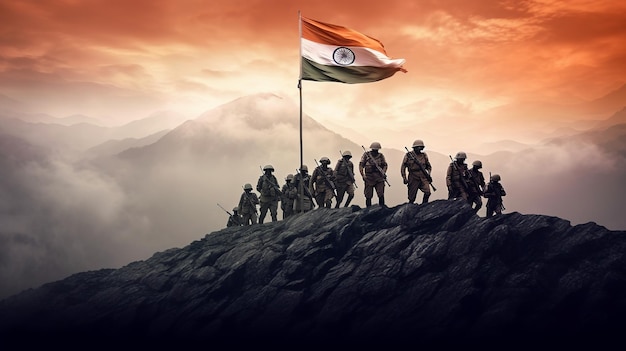 Armée indienne tenant le drapeau indien Generative ai