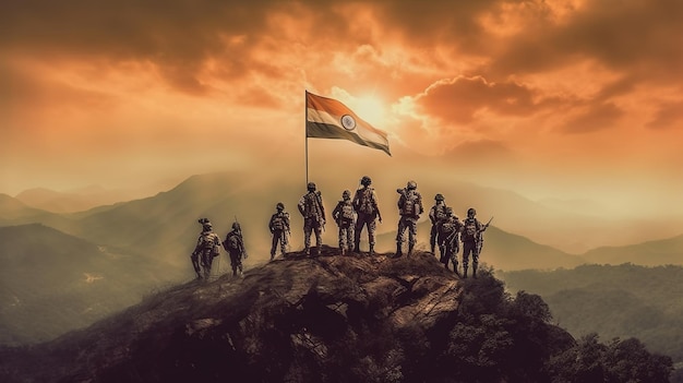 Armée indienne tenant le drapeau indien Generative ai