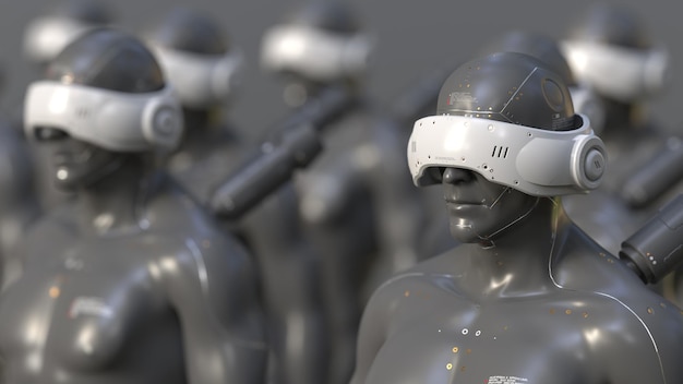 Une armée de robots ou de cyborgs sur fond clair