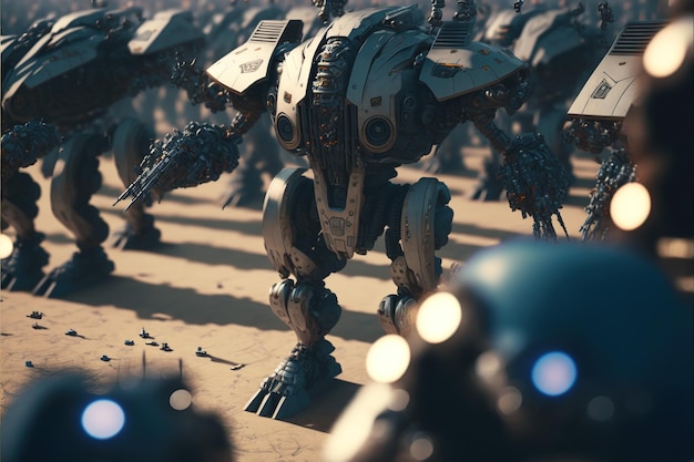 Armée scifi futuriste avec des robots de combat sur le terrain