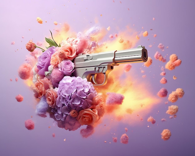 Photo armes d'amour un hommage à la dualité pistolet enveloppé dans un bouquet de fleurs entouré d'un nuage de fumée