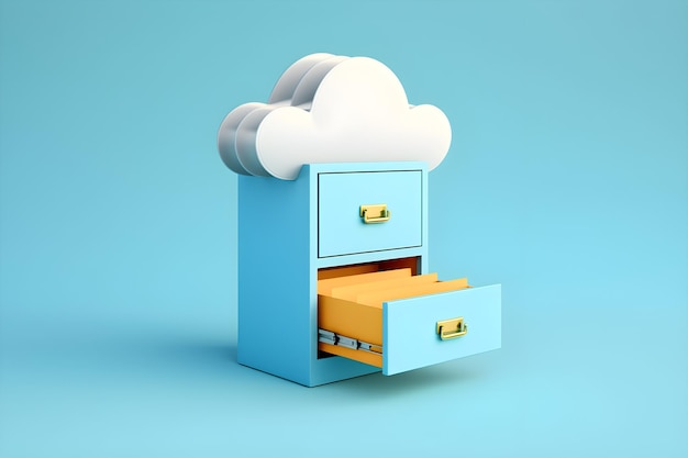 Une armoire bleue avec un dessus en forme de nuage ouvert et un tiroir avec un nuage blanc au-dessus.