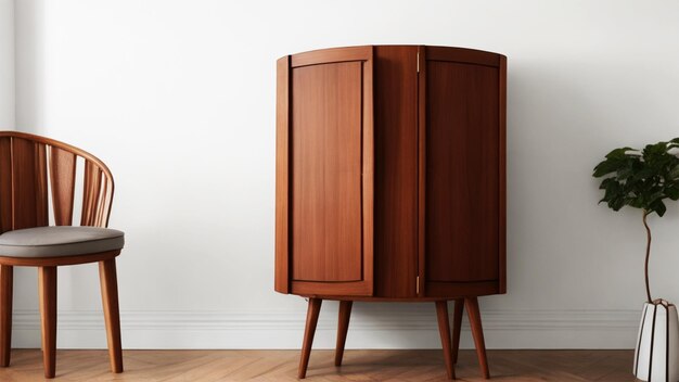 Photo armoire en bois brun vintage scandinave avec chaise près d'un mur blanc