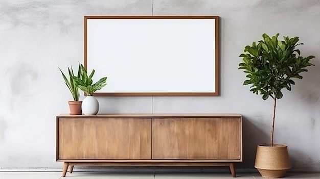 Armoire en bois de charme rustique avec cadre d'affiche vierge près du mur