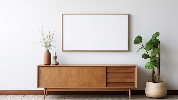 Armoire en bois de charme rustique avec cadre d'affiche vierge près du mur