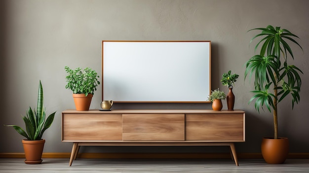 Armoire en bois de charme rustique avec cadre d'affiche vierge près du mur