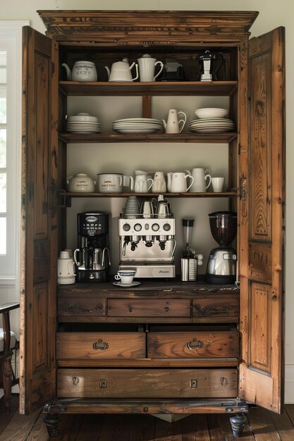 Photo une armoire en bois avec un four de grille-pain et un ensemble d'ustensiles de cuisine