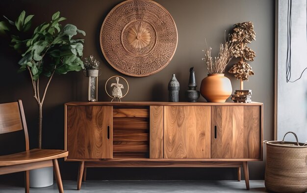 Armoire en bois avec des objets de décoration dans une pièce moderne IA IA générative