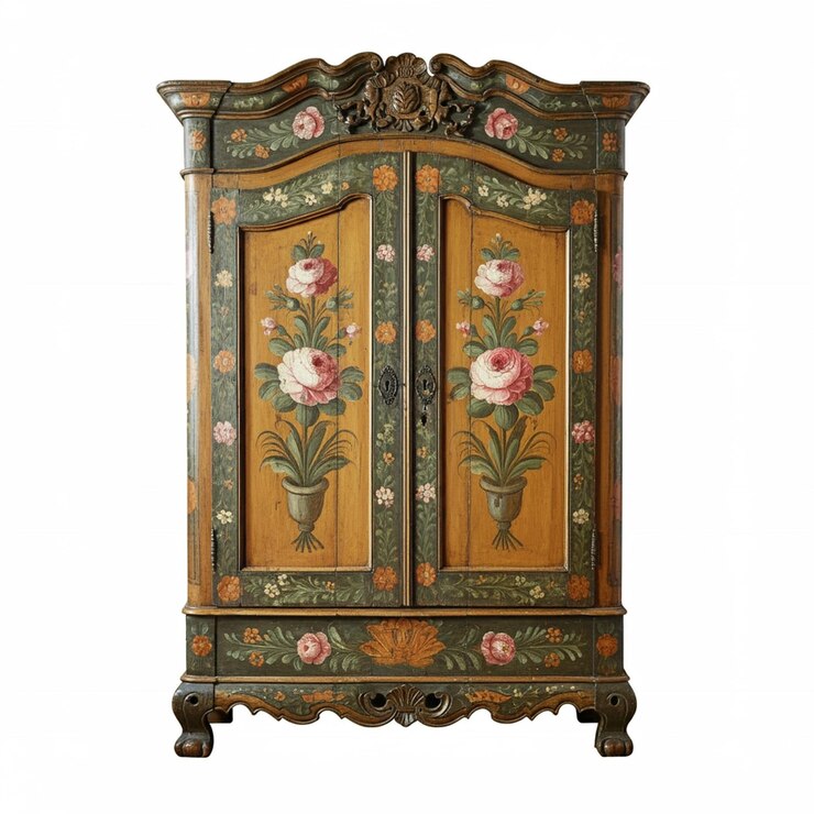 Photo armoire en bois peint antique avec des décorations florales décoratives