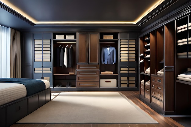 Une armoire en bois sombre avec des portes et des étagères contenant des vêtements pour hommes