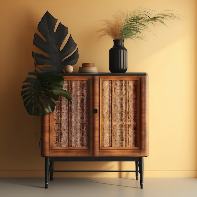 Armoire en bois vintage antique avec porte en rotin Un fond de produit de mobilier idéal pour la décoration de design d'intérieur Generative AI