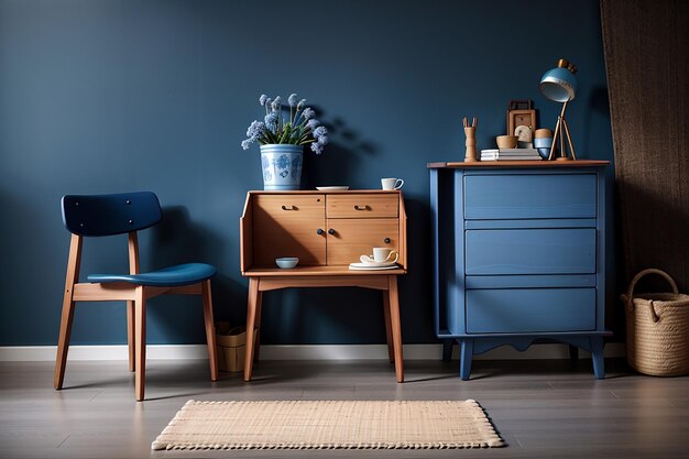 Armoire en bois vintage scandinave avec chaise près d'un mur bleu foncé