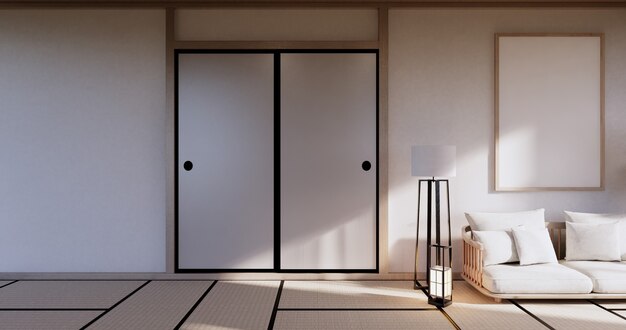 Armoire dans le salon avec sol en tatami et canapé fauteuil design.rendu 3D