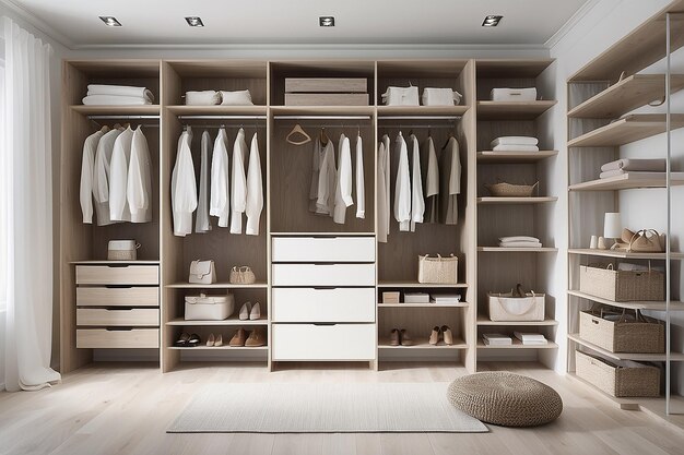 L'armoire de design d'intérieur en bois scandinave de luxe blanc avec étagères et couvertures