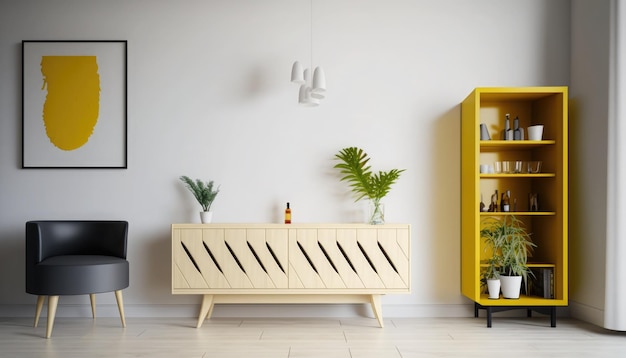 Une armoire jaune dans un salon avec une plante dans le coin.