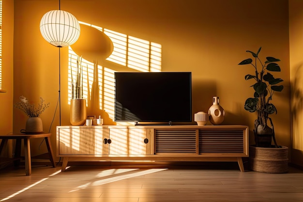 Armoire avec lumière cachée dans un salon zen moderne avec un décor zen sur un mur jaune