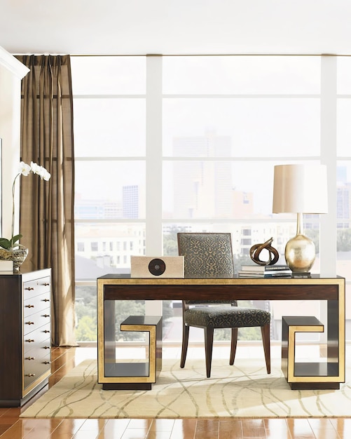 Armoire de luxe avec table et coffre en bois modernes dans un style minimaliste