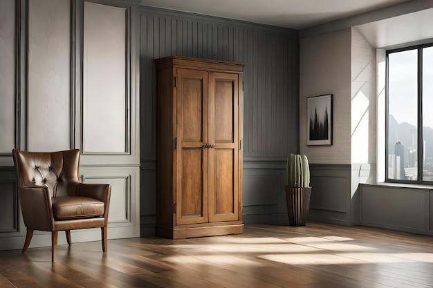 Photo armoire rustique en bois près du mur avec cadre d'affiche blanc avec espace de copie design intérieur moderne