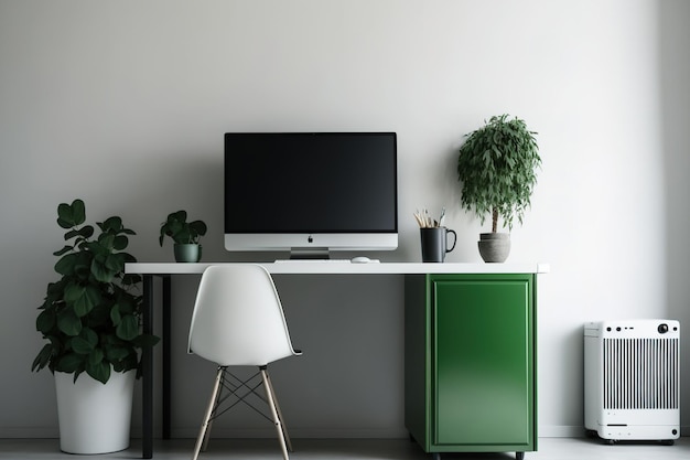 Armoire verte à mur blanc et vase vert intérieur de style bureau de conception de plantes et d'ordinateurs portables