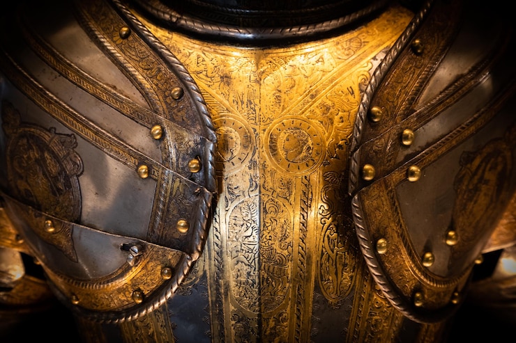 Photo armure antique sur fond noir concept pour la sécurité et la fantaisie