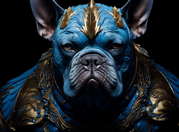 Armure de bulldog fantastique en fourrure et plumes bleues avec des accessoires dorés royaux