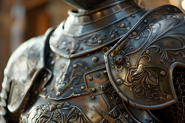 Photo armure de chevaliers médiévale de conception complexe mettant en évidence l'artisanat et la conception de métaux experts