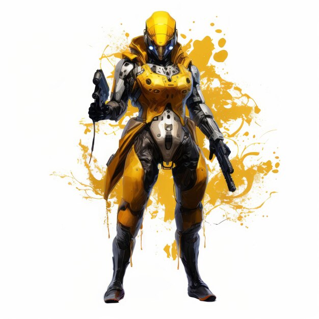 Une armure Cyberpunk jaune étincelante équipée de revolvers jumeaux sur un fond blanc pur