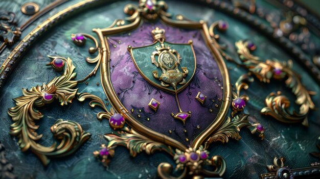 Armure fantastique ancienne avec des lames dorées violettes et un bouclier violet et vert en 3D