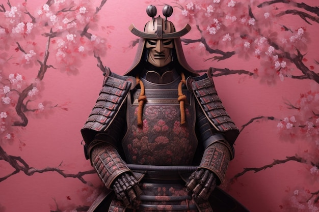 Armure de samouraï avec fond de fleurs de cerisier créée avec une IA générative