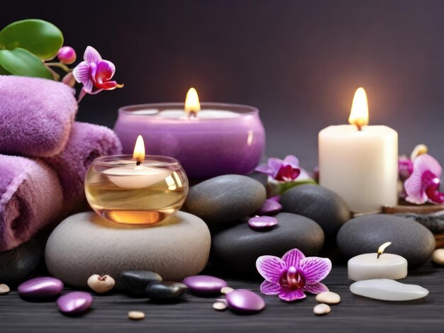 Aromathérapie et spa de sérénité Évasion avec des pebbles de massage Des fleurs d'orchidées et des bougies scintillantes