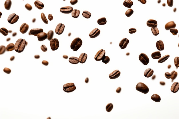 L'arôme de la fraîcheur Des grains de café rustiques tombant sur un fond blanc